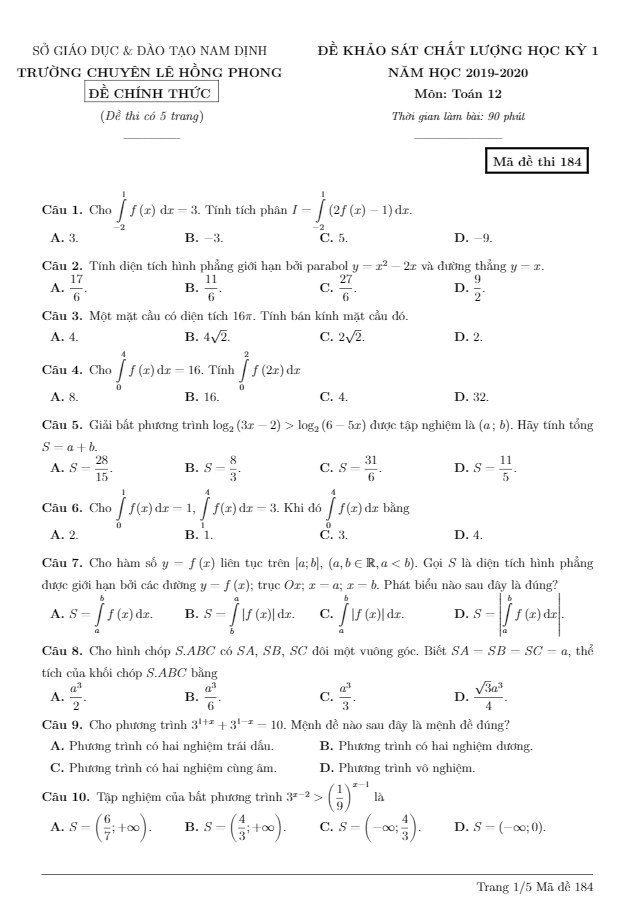 Đề thi HK1 Toán 12 năm 2019 – 2020 trường chuyên Lê Hồng Phong – Nam Định