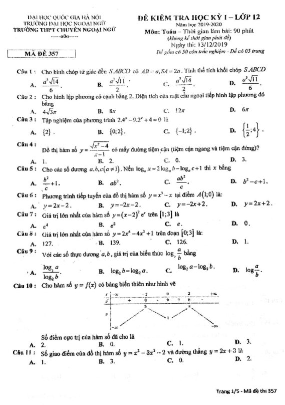 Đề thi HK1 Toán 12 năm 2019 – 2020 trường chuyên Ngoại Ngữ – Hà Nội