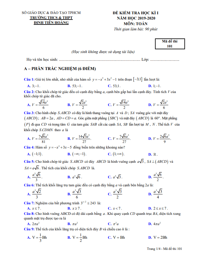 Đề thi HK1 Toán 12 năm 2019 – 2020 trường Đinh Tiên Hoàng – TP HCM