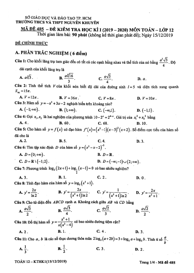 Đề thi HK1 Toán 12 năm 2019 – 2020 trường Nguyễn Khuyến – TP HCM