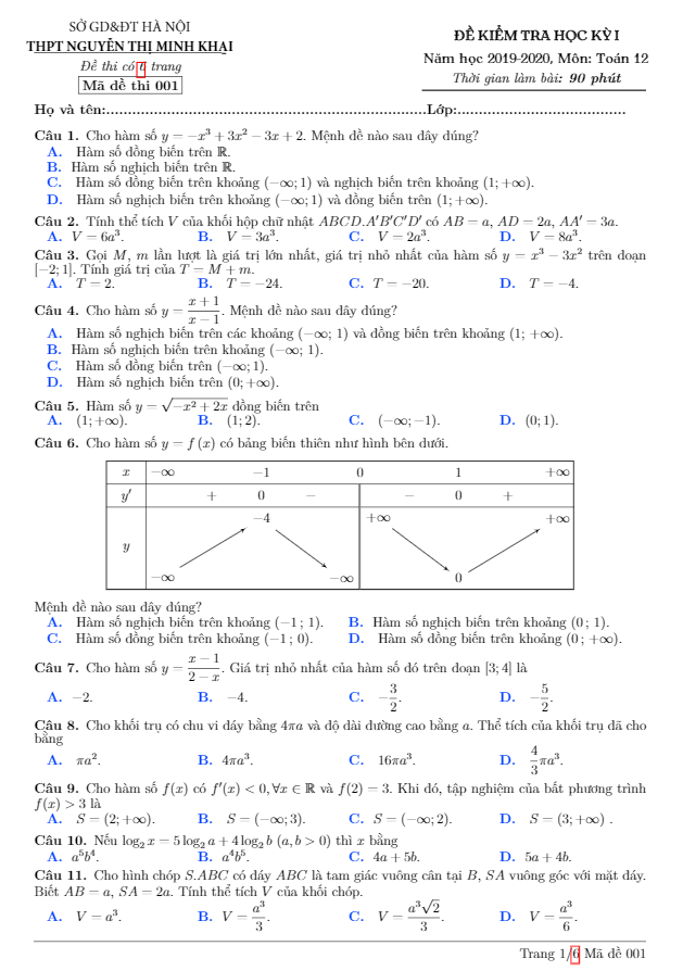 Đề thi HK1 Toán 12 năm 2019 – 2020 trường Nguyễn Thị Minh Khai – Hà Nội
