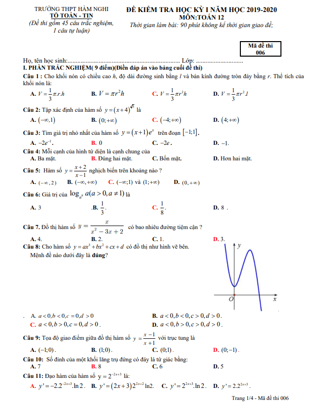 Đề thi HK1 Toán 12 năm 2019 – 2020 trường THPT Hàm Nghi – Hà Tĩnh