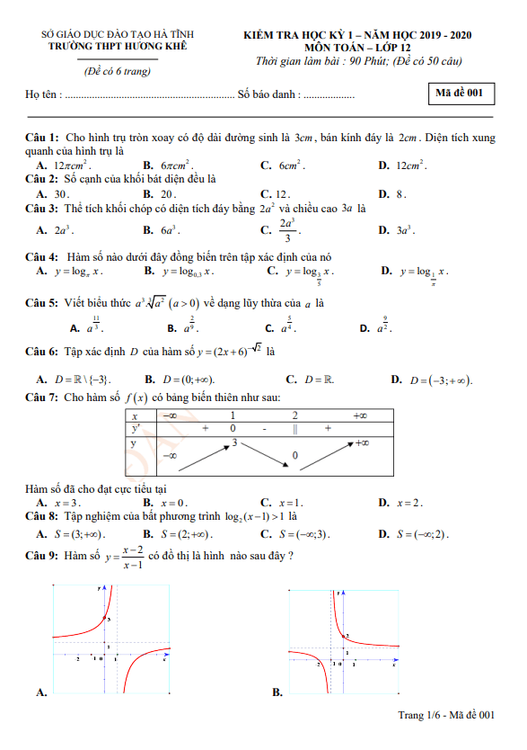 Đề thi HK1 Toán 12 năm 2019 – 2020 trường THPT Hương Khê – Hà Tĩnh