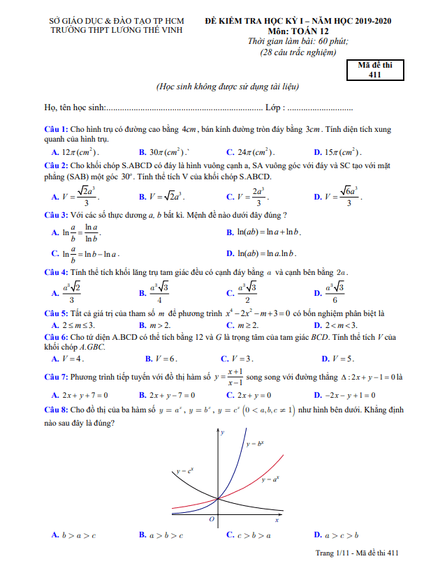 Đề thi HK1 Toán 12 năm 2019 – 2020 trường THPT Lương Thế Vinh – TP HCM