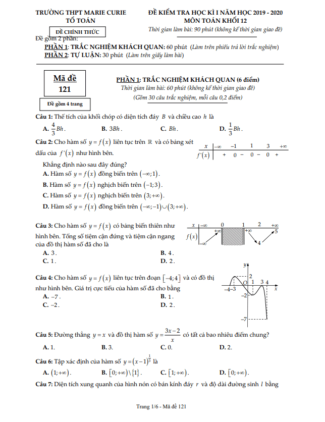 Đề thi HK1 Toán 12 năm 2019 – 2020 trường THPT Marie Curie – TP HCM