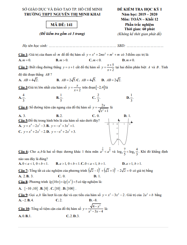 Đề thi HK1 Toán 12 năm 2019 – 2020 trường THPT Nguyễn Thị Minh Khai – TP HCM