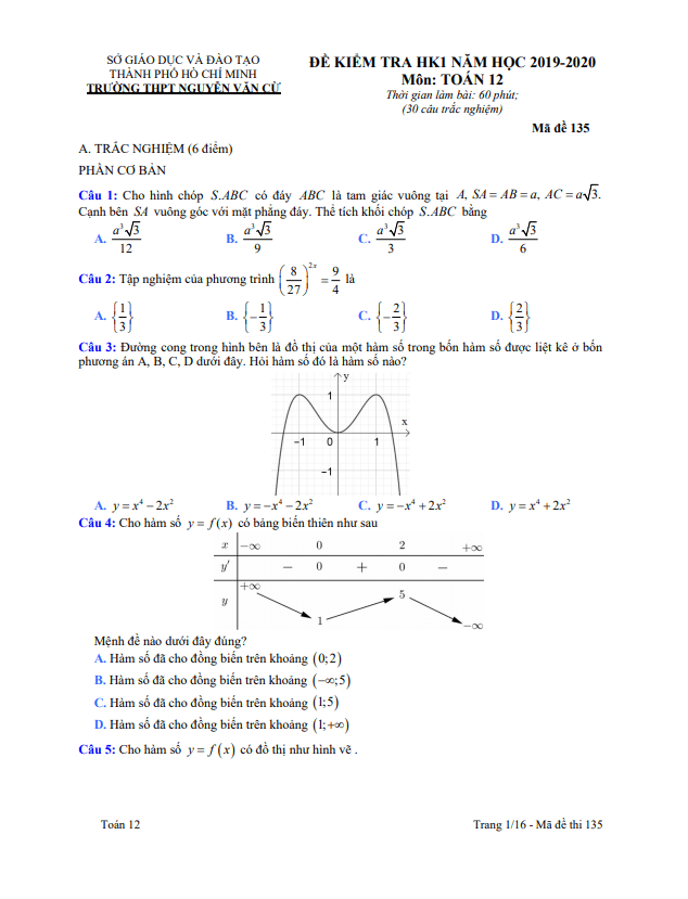 Đề thi HK1 Toán 12 năm 2019 – 2020 trường THPT Nguyễn Văn Cừ – TP HCM