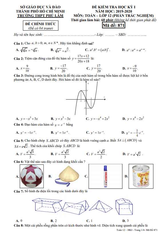Đề thi HK1 Toán 12 năm 2019 – 2020 trường THPT Phú Lâm – TP HCM