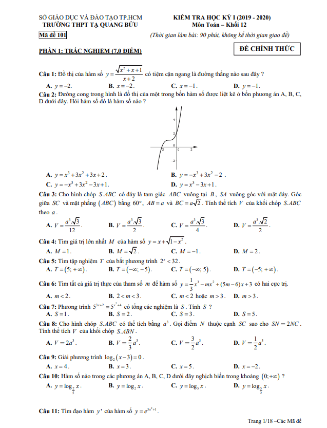 Đề thi HK1 Toán 12 năm 2019 – 2020 trường THPT Tạ Quang Bửu – TP HCM