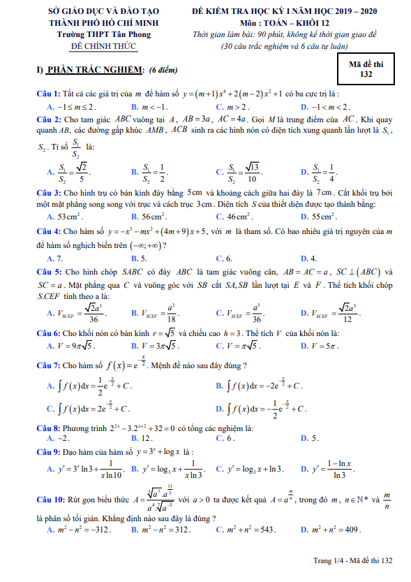 Đề thi HK1 Toán 12 năm 2019 – 2020 trường THPT Tân Phong – TP HCM