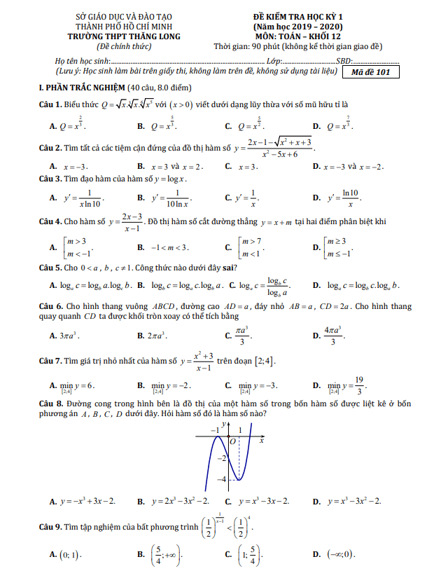 Đề thi HK1 Toán 12 năm 2019 – 2020 trường THPT Thăng Long – TP HCM