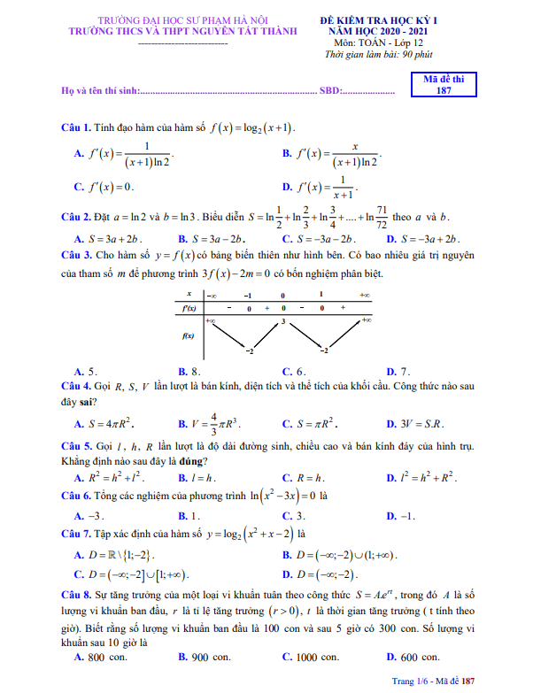 Đề thi HK1 Toán 12 năm 2020 – 2021 trường Nguyễn Tất Thành – Hà Nội