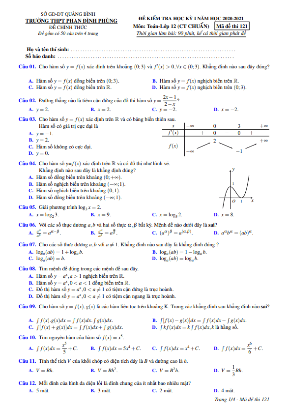 Đề thi HK1 Toán 12 năm 2020 – 2021 trường Phan Đình Phùng – Quảng Bình