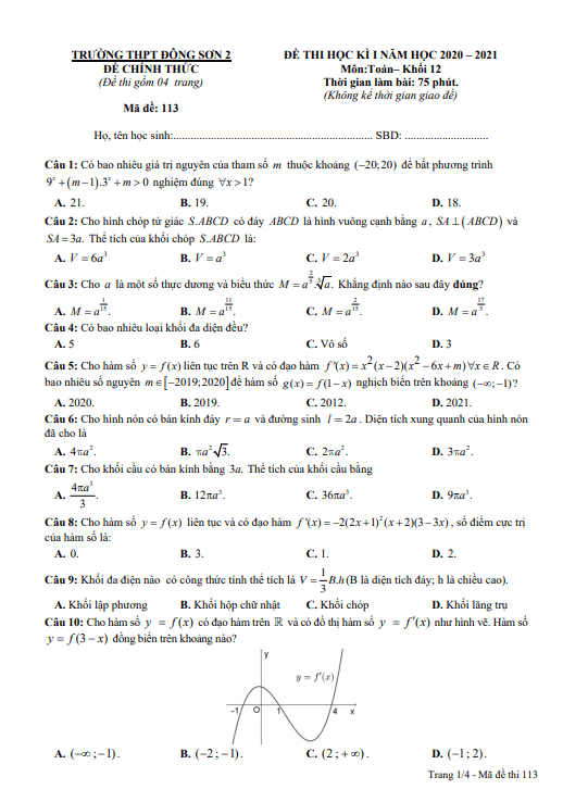 Đề thi HK1 Toán 12 năm 2020 – 2021 trường THPT Đông Sơn 2 – Thanh Hóa