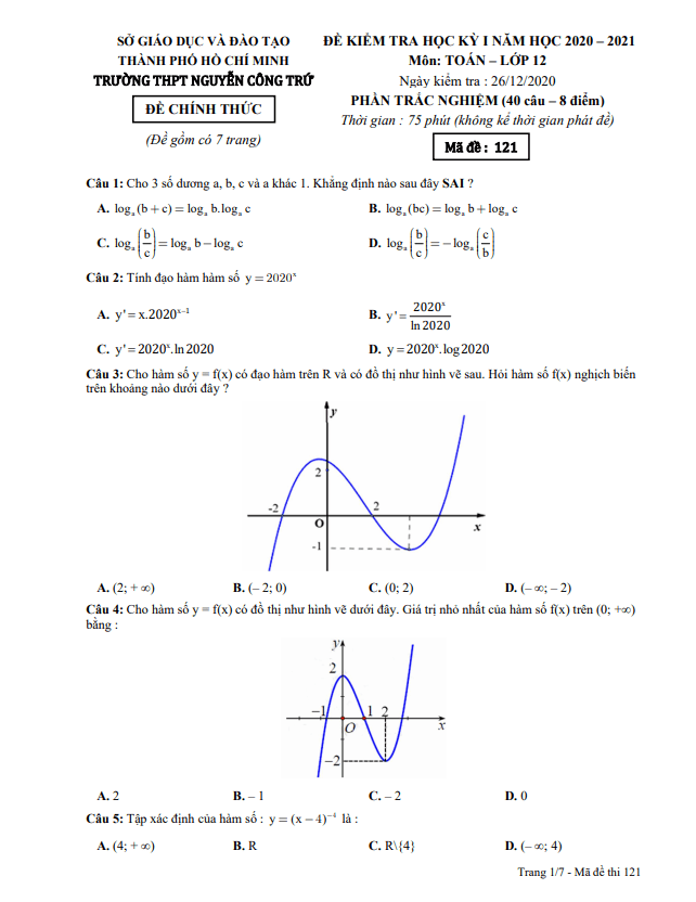 Đề thi HK1 Toán 12 năm 2020 – 2021 trường THPT Nguyễn Công Trứ – TP HCM