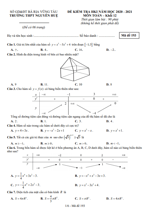 Đề thi HK1 Toán 12 năm 2020 – 2021 trường THPT Nguyễn Huệ – BR VT