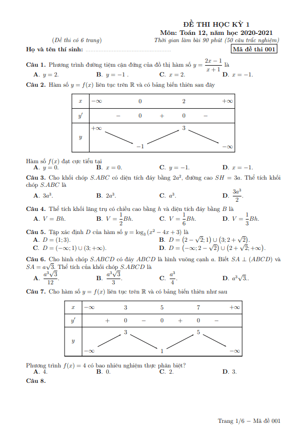 Đề thi HK1 Toán 12 năm 2020 – 2021 trường THPT Nguyễn Thị Minh Khai – Hà Nội