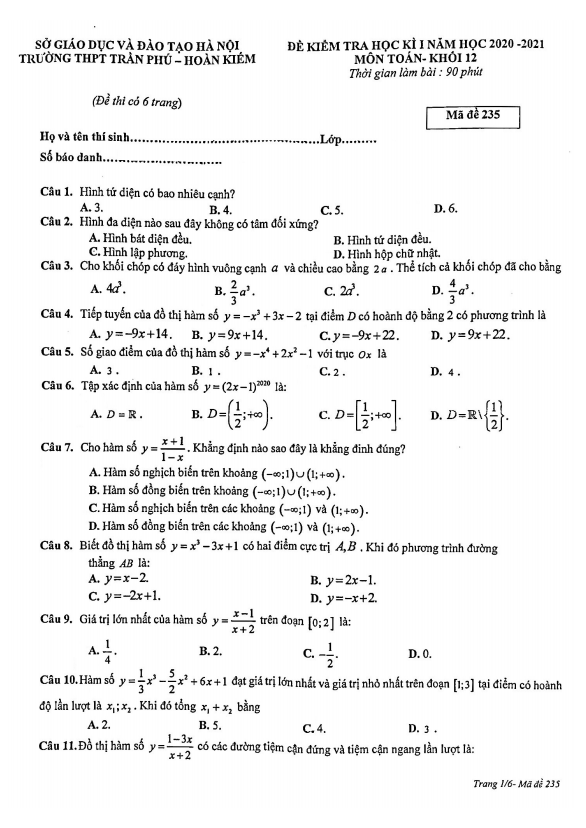 Đề thi HK1 Toán 12 năm 2020 – 2021 trường THPT Trần Phú – Hà Nội