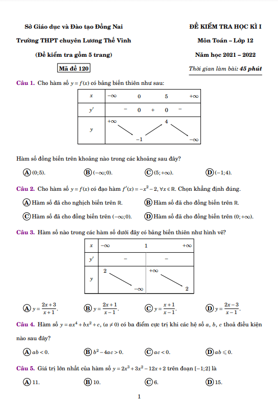 Đề thi HK1 Toán 12 năm 2021 – 2022 trường chuyên Lương Thế Vinh – Đồng Nai