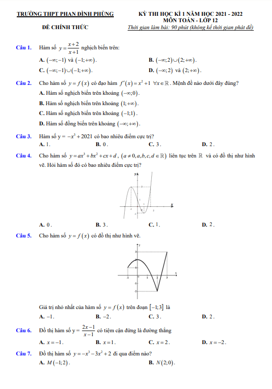 Đề thi HK1 Toán 12 năm 2021 – 2022 trường THPT Phan Đình Phùng – Hà Nội