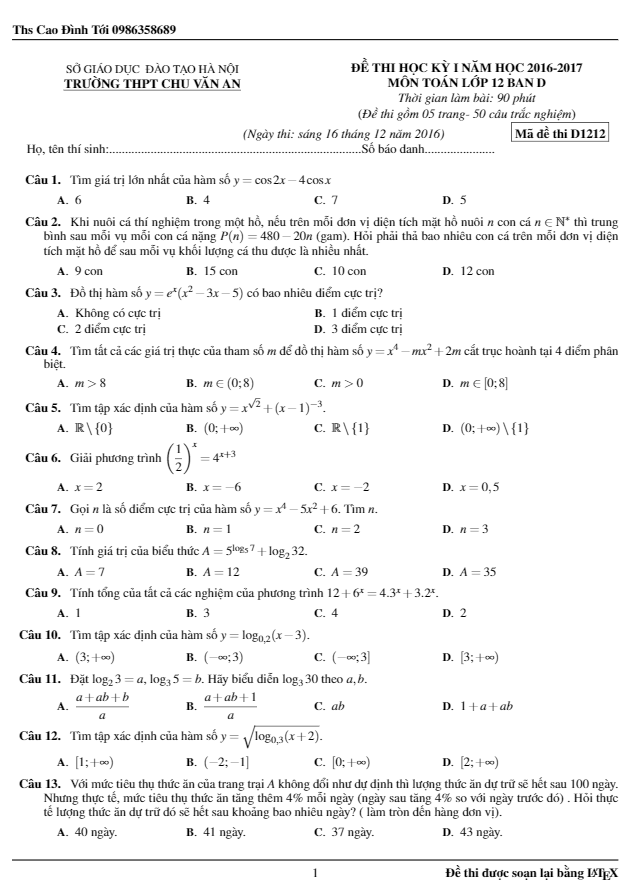 Đề thi HK1 Toán 12 năm học 2016 – 2017 trường Chu Văn An – Hà Nội
