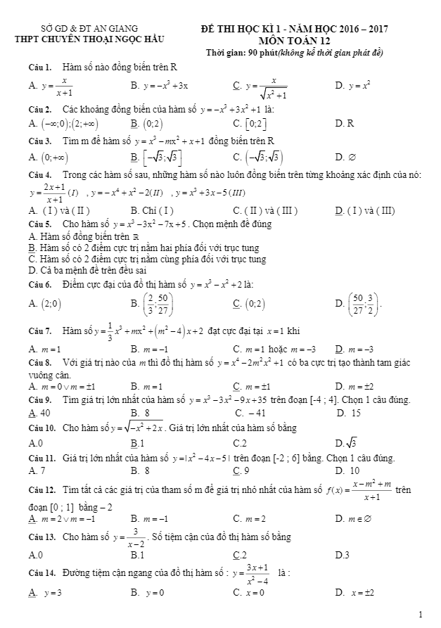 Đề thi HK1 Toán 12 năm học 2016 – 2017 trường chuyên Thoại Ngọc Hầu – An Giang
