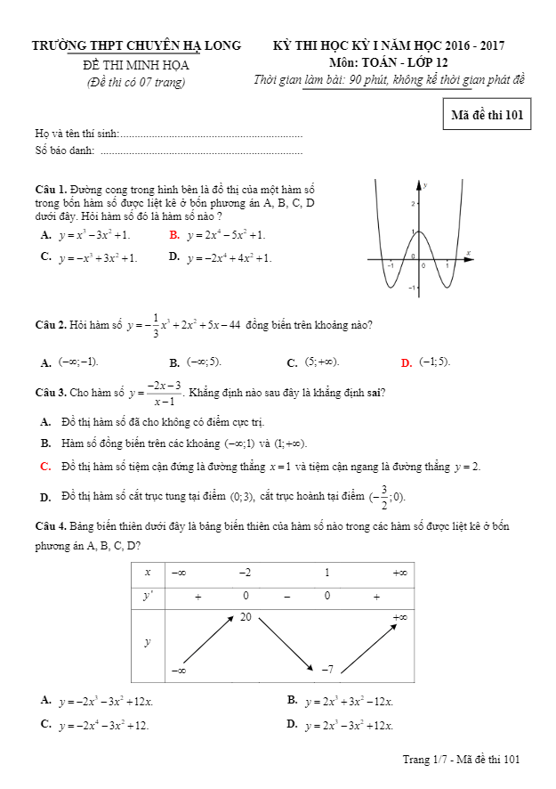 Đề thi HK1 Toán 12 năm học 2016 – 2017 trường THPT chuyên Hạ Long