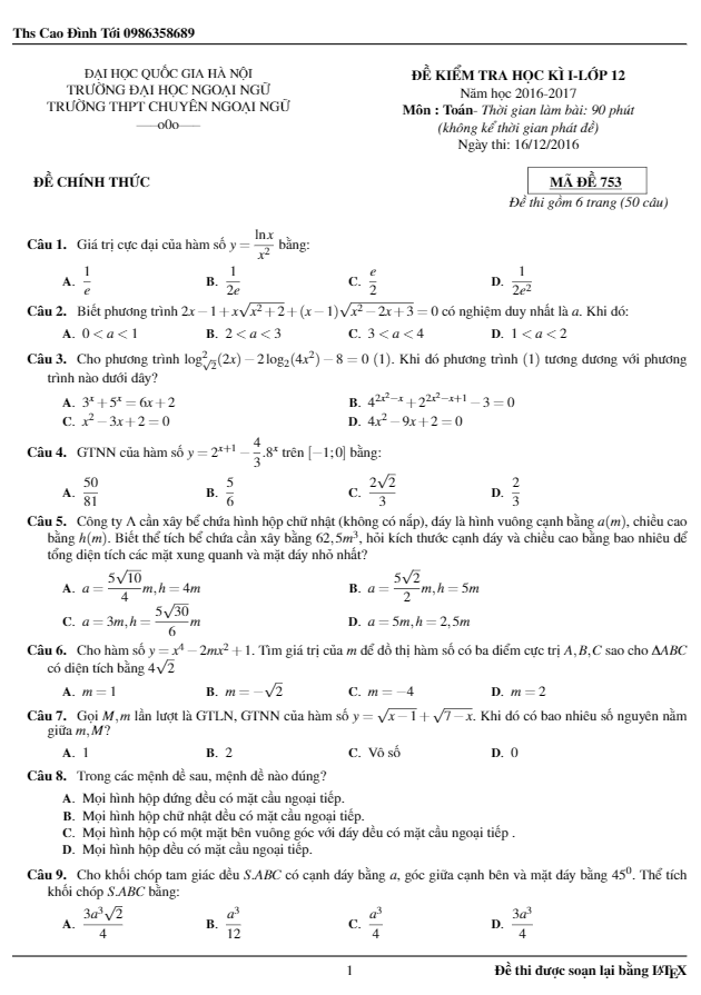 Đề thi HK1 Toán 12 năm học 2016 – 2017 trường THPT chuyên Ngoại ngữ – Hà Nội