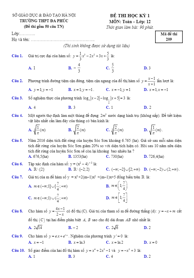 Đề thi HK1 Toán 12 năm học 2016 – 2017 trường THPT Đa Phúc – Hà Nội