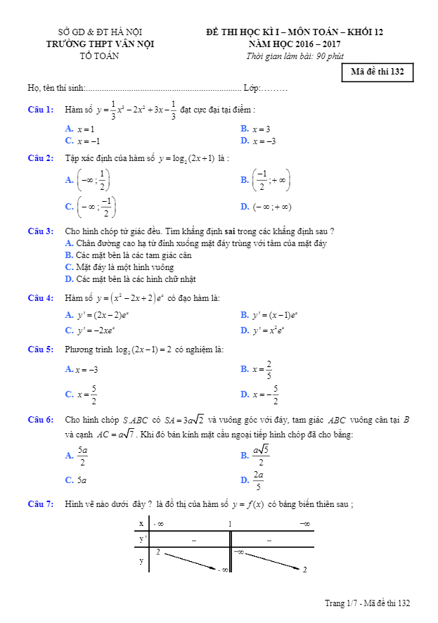 Đề thi HK1 Toán 12 năm học 2016 – 2017 trường THPT Vân Nội – Hà Nội