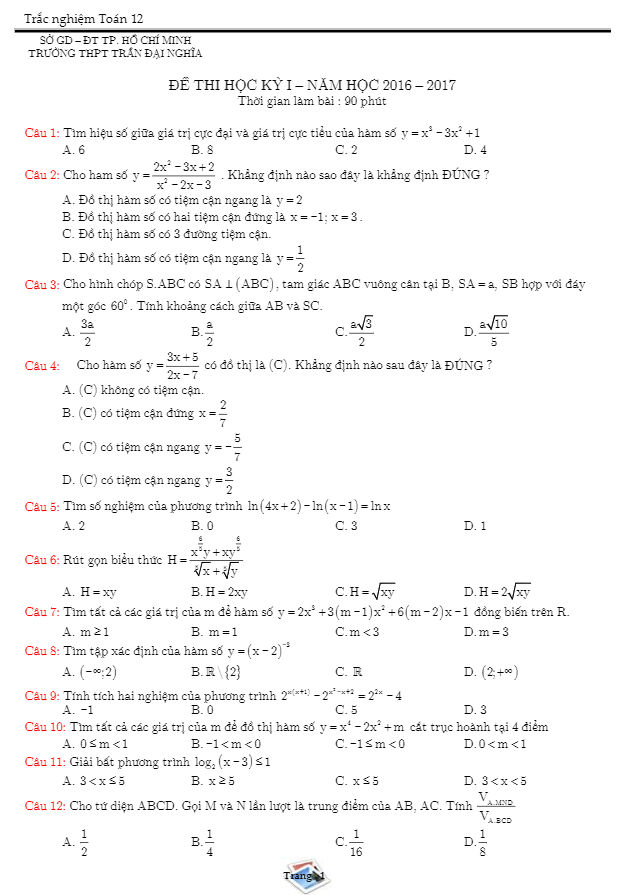 Đề thi HK1 Toán 12 năm học 2016 – 2017 trường Trần Đại Nghĩa – TP.HCM