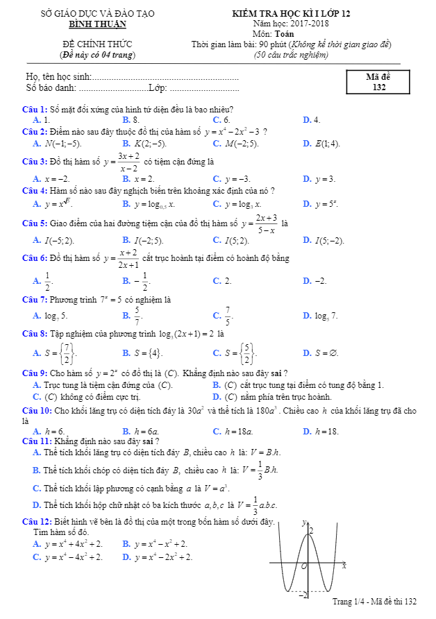 Đề thi HK1 Toán 12 năm học 2017 – 2018 sở GD và ĐT Bình Thuận