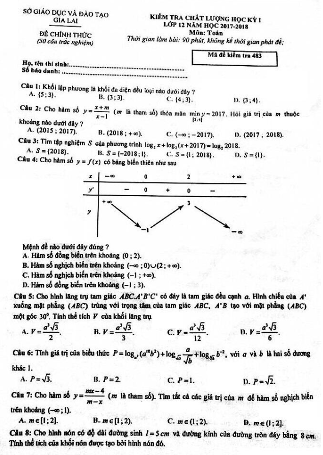 Đề thi HK1 Toán 12 năm học 2017 – 2018 sở GD và ĐT Gia Lai