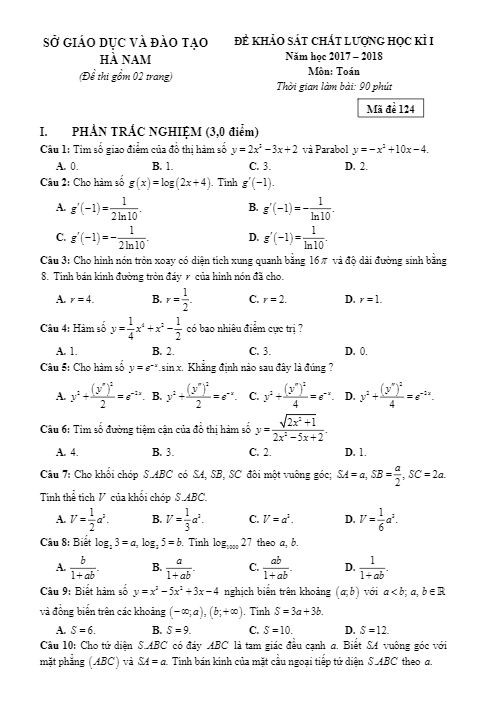 Đề thi HK1 Toán 12 năm học 2017 – 2018 sở GD và ĐT Hà Nam
