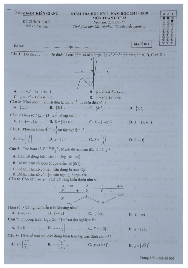 Đề thi HK1 Toán 12 năm học 2017 – 2018 sở GD và ĐT Kiên Giang