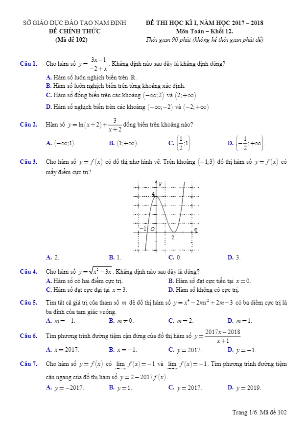 Đề thi HK1 Toán 12 năm học 2017 – 2018 sở GD và ĐT Nam Định
