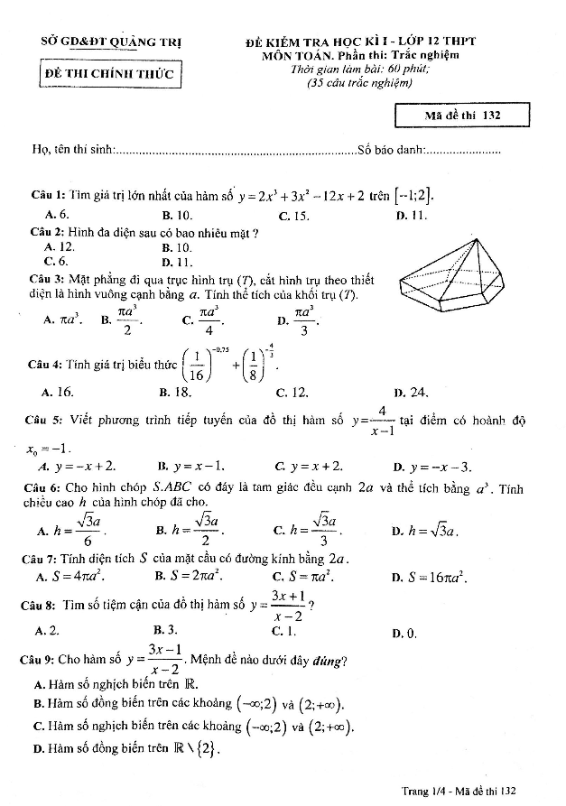 Đề thi HK1 Toán 12 năm học 2017 – 2018 sở GD và ĐT Quảng Trị