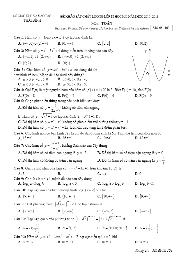 Đề thi HK1 Toán 12 năm học 2017 – 2018 sở GD và ĐT Thái Bình