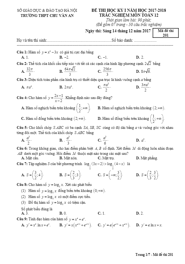 Đề thi HK1 Toán 12 năm học 2017 – 2018 trường THPT Chu Văn An – Hà Nội