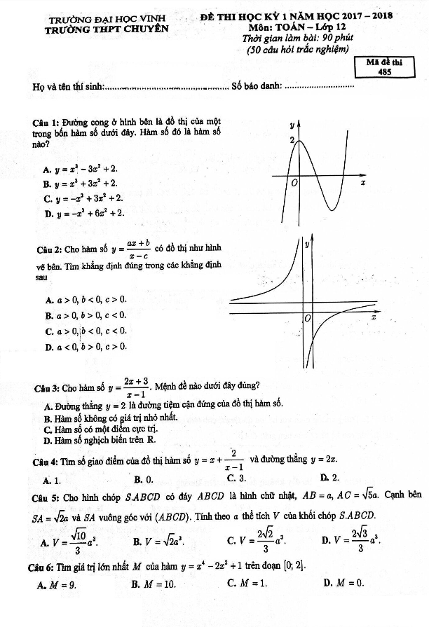 Đề thi HK1 Toán 12 năm học 2017 – 2018 trường THPT chuyên Đại học Vinh