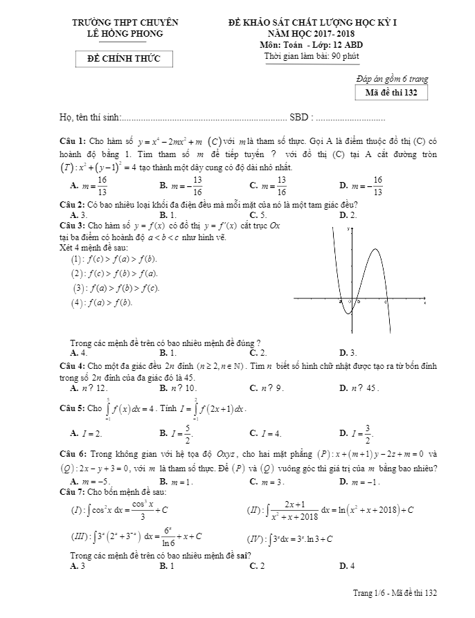 Đề thi HK1 Toán 12 năm học 2017 – 2018 trường THPT chuyên Lê Hồng Phong – Nam Định