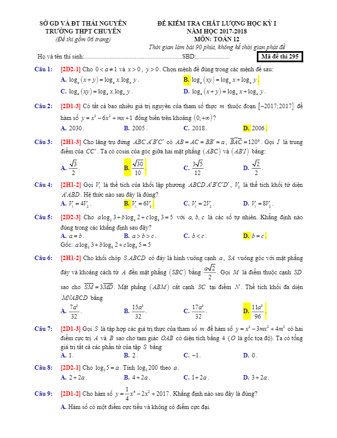 Đề thi HK1 Toán 12 năm học 2017 – 2018 trường THPT chuyên Thái Nguyên
