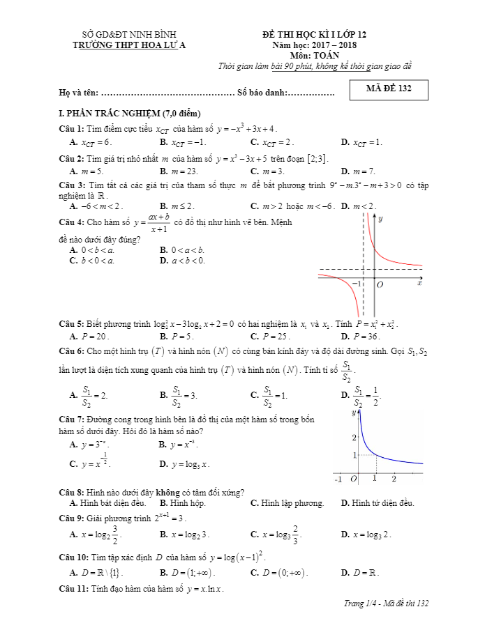 Đề thi HK1 Toán 12 năm học 2017 – 2018 trường THPT Hoa Lư A – Ninh Bình