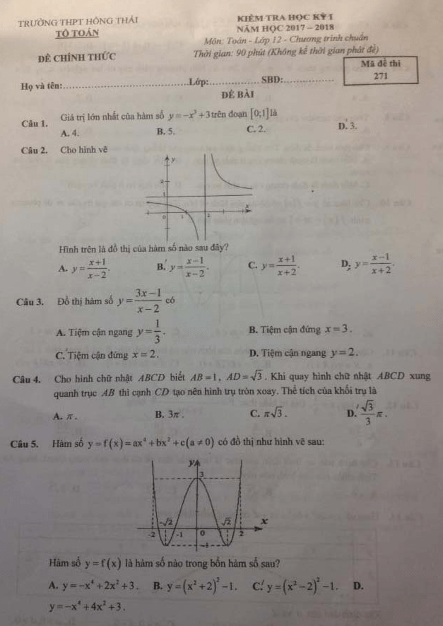 Đề thi HK1 Toán 12 năm học 2017 – 2018 trường THPT Hồng Thái – Hà Nội