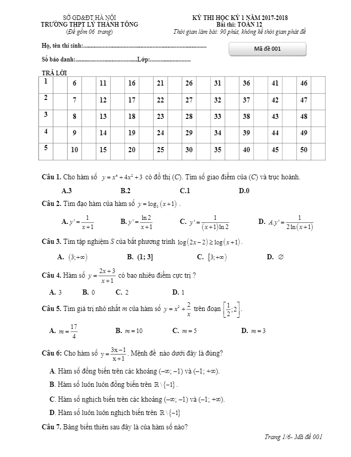 Đề thi HK1 Toán 12 năm học 2017 – 2018 trường THPT Lý Thánh Tông – Hà Nội