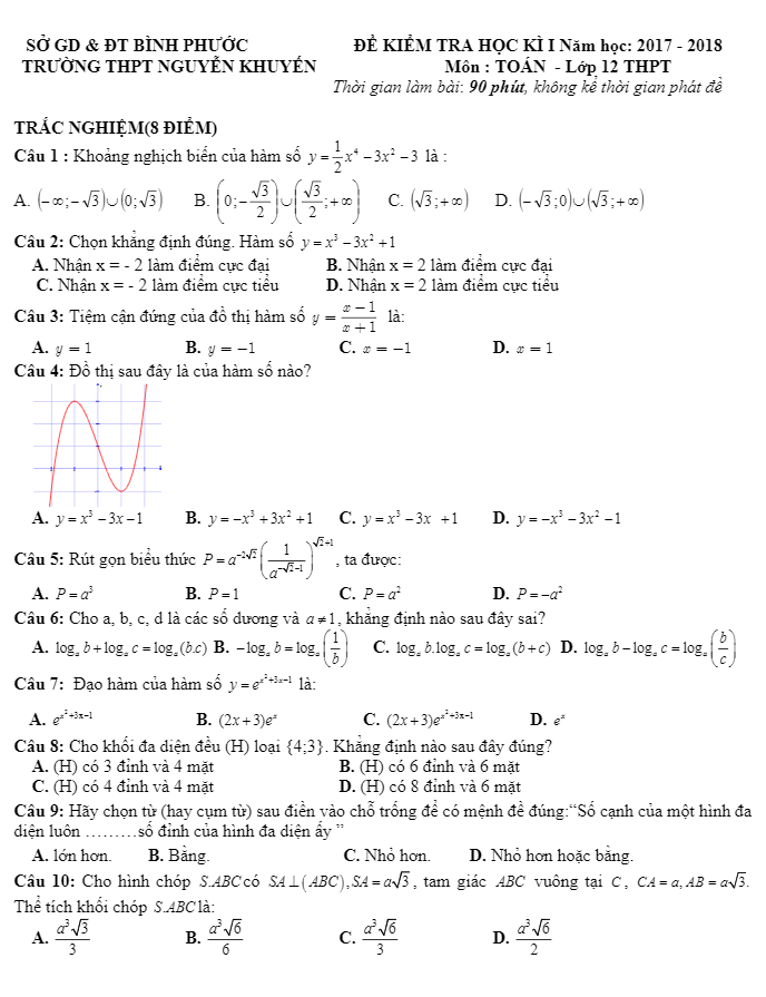 Đề thi HK1 Toán 12 năm học 2017 – 2018 trường THPT Nguyễn Khuyến – Bình Phước