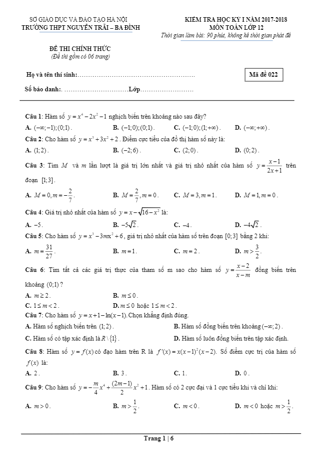 Đề thi HK1 Toán 12 năm học 2017 – 2018 trường THPT Nguyễn Trãi – Hà Nội