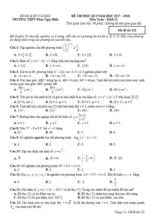 Đề thi HK1 Toán 12 năm học 2017 – 2018 trường THPT Phan Ngọc Hiển – Cà Mau