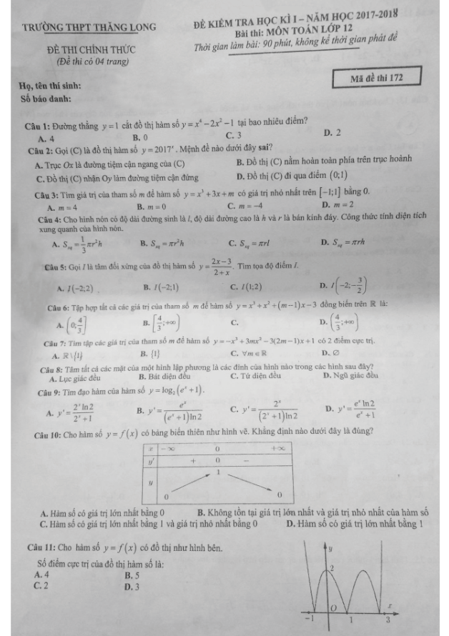 Đề thi HK1 Toán 12 năm học 2017 – 2018 trường THPT Thăng Long – Hà Nội