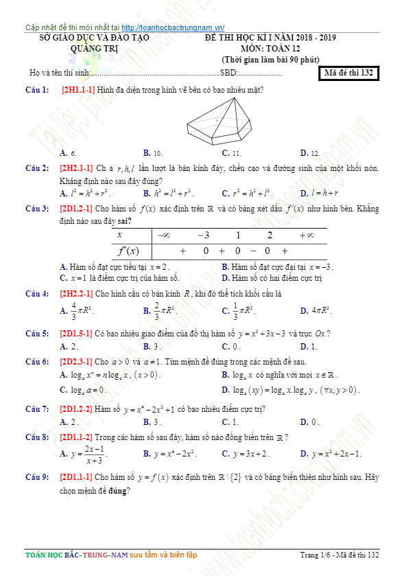 Đề thi HK1 Toán 12 năm học 2018 – 2019 sở GD và ĐT Quảng Trị